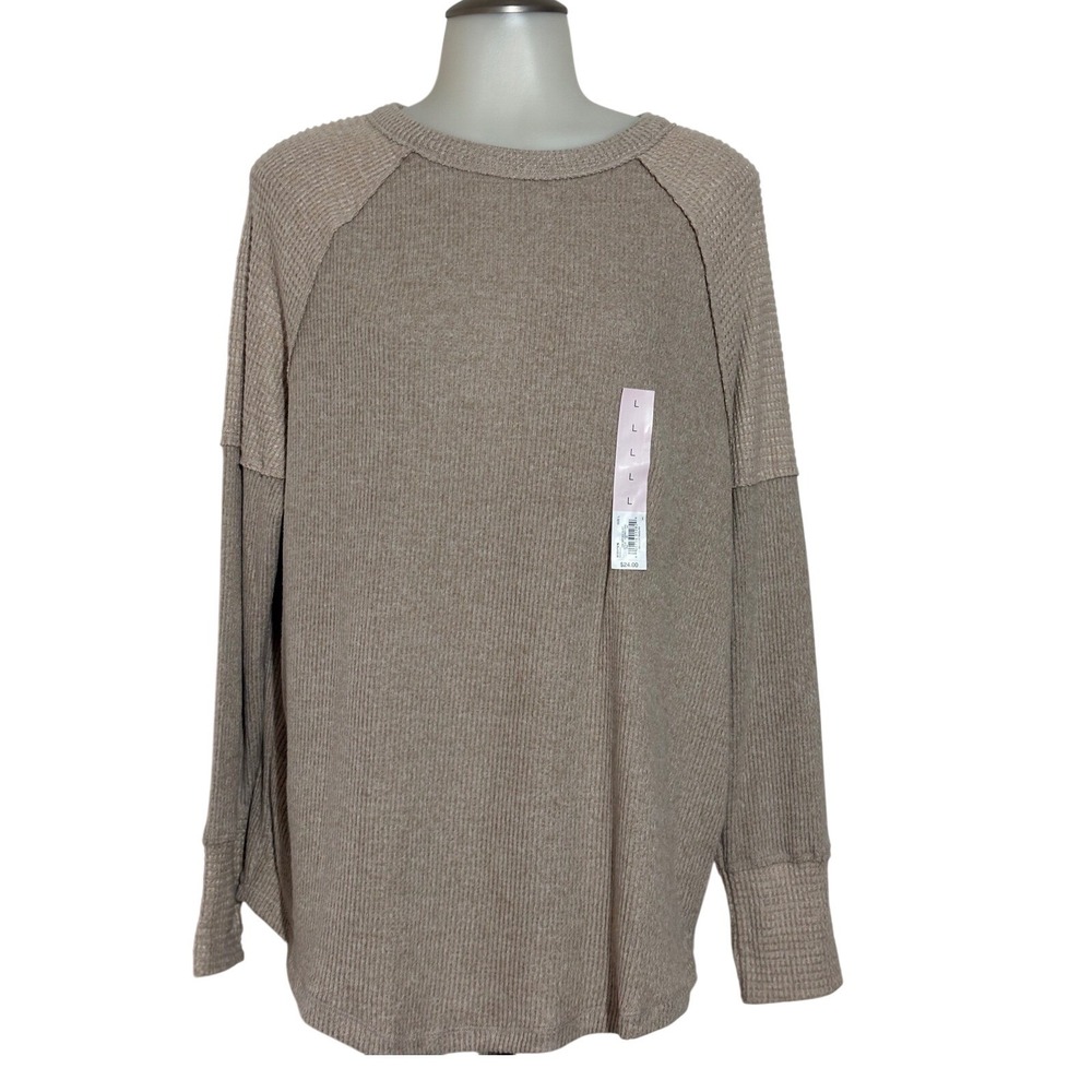 SO Cozy Ribbed Knit Raglan Long Sleeve Women's Top Tan Size L Soft Girl NWT